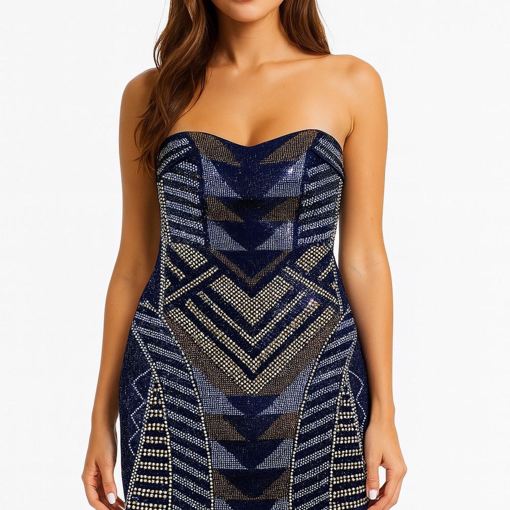 Crystal Doll Strapless Dress -Black, Silver and Gold Studded/ Geometric  Size S